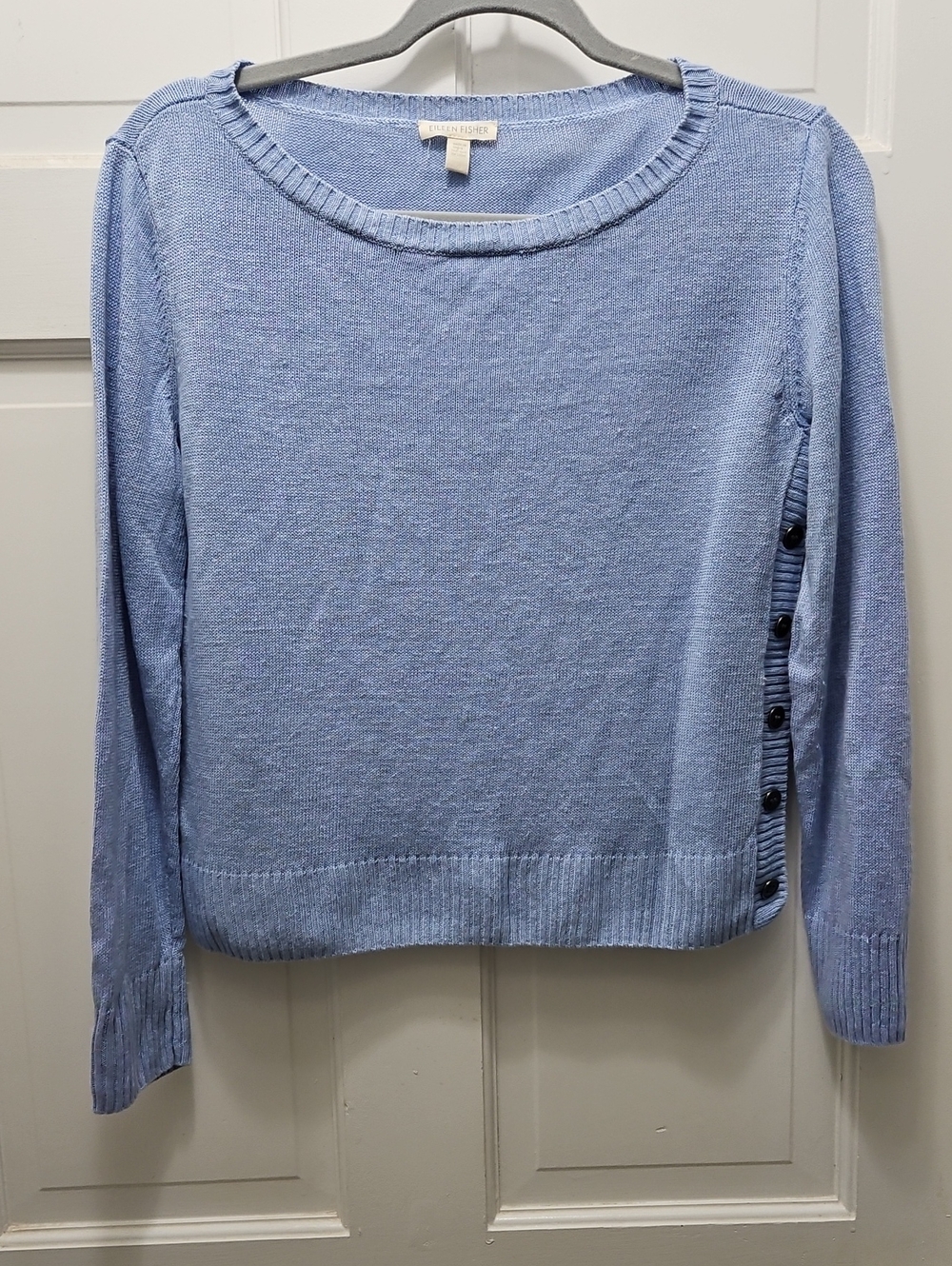 Eileen Fisher Pale Blue Side-Button Crewneck Sweater 100% Organic Linen